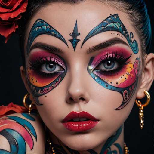 A close-up portrait showcases a person with elaborate, vibrant face paint resembling tribal or artistic body art. Bold, colorful designs adorn the eyes and cheeks, blending with dramatic makeup, creating a striking focal point. Gold earrings add a touch of adornment, set against a dark backdrop emphasizing the intricate details and bold color palette.