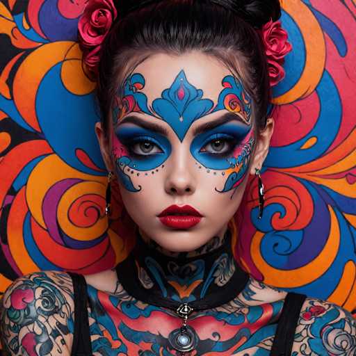 A close-up portrait of a person with elaborate body and face paint, showcasing intricate tribal-inspired designs in vibrant blue, red, orange, and purple hues. The person's face is adorned with a symmetrical pattern of swirling lines and geometric shapes, extending from the forehead down to the chin. Their eyes are heavily emphasized with bold blue paint and dramatic eyeliner, while their lips are painted a deep red. The body is covered in matching tribal designs that extend from the neck down to the wrists and arms, creating a cohesive and artistic look. The background is a vibrant swirl of colors that complements the intricate patterns on the person's body and face. The overall impression is one of bold artistry, cultural expression, and a striking visual impact.