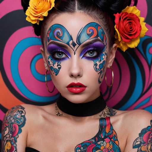 A person with vibrant, bold makeup and extensive tattoos is centrally positioned against a swirling, colorful backdrop. The eye makeup features intricate blue and purple designs, complemented by bold red lipstick. Gold hoop earrings and floral accents frame the face, creating a striking, artistic portrait with a maximalist aesthetic.
