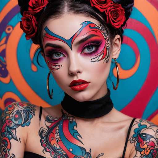 A person with vibrant, bold makeup and extensive tribal tattoos dominates the frame, their face centrally positioned against a colorful, swirling backdrop. Large hoop earrings and rose hair adornments enhance the artistic, maximalist aesthetic. The overall style is a blend of fantasy and body art, emphasizing intricate patterns and bold color contrasts.