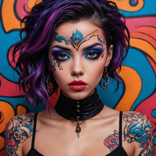 A close-up portrait features a person with vibrant purple hair and bold, intricate face paint in a tribal style. The subject's eyes are strikingly adorned with blue and teal makeup, complemented by a matching tribal design on their forehead. Black leather details accentuate the neck, and colorful tattoos cover both arms, creating a visually striking, high-contrast image. The background is a dynamic explosion of orange and blue patterns.