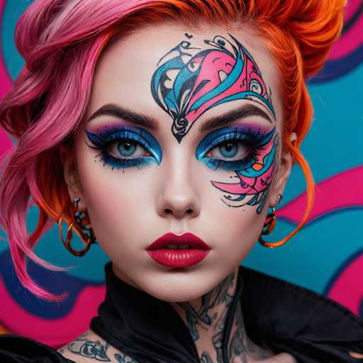 A close-up portrait features a person with vibrant, pink and orange hair styled in a voluminous updo. Their face is adorned with intricate, colorful tribal-inspired makeup and a striking tattoo design on their forehead. Large, bold earrings frame the face, set against a blurred, psychedelic background of swirling pink and blue. The overall style is bold, artistic, and highly stylized.