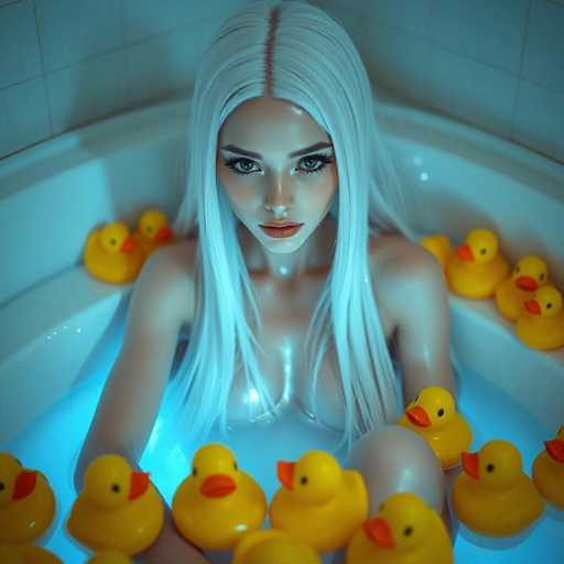 A serene, hyper-realistic android woman with long white hair and crystalline skin reclines in a glowing blue bathtub. Surrounded by numerous yellow rubber ducks, her calm expression and soft lighting evoke a peaceful, cinematic atmosphere of artificial beauty. The focus is sharp, highlighting her alluring presence in this intimate, dreamlike scene.