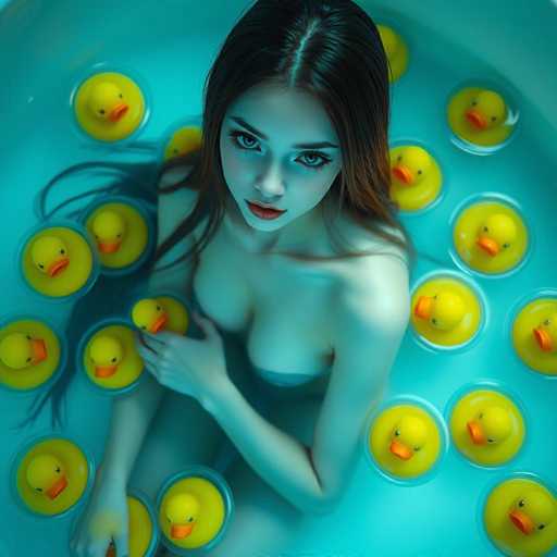 A serene, hyper-realistic image features a beautiful android woman with long, dark hair floating in a tranquil, blue tub filled with yellow rubber ducks. The soft lighting and sharp focus create an underwater, cinematic atmosphere, emphasizing a sense of weightlessness and peacefulness. The spatial relationship places the woman centrally, surrounded by the buoyant ducks in an oceanic dreamscape.