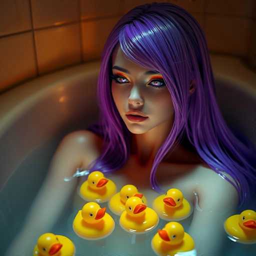 A captivating, hyper-realistic image features a beautiful android woman with vibrant purple hair and glowing, iridescent eyes, immersed in a warm bath filled with yellow rubber ducks. The water's depth and the soft golden lighting create an intimate, cinematic atmosphere with sharp focus on the synthetic charm of the scene.