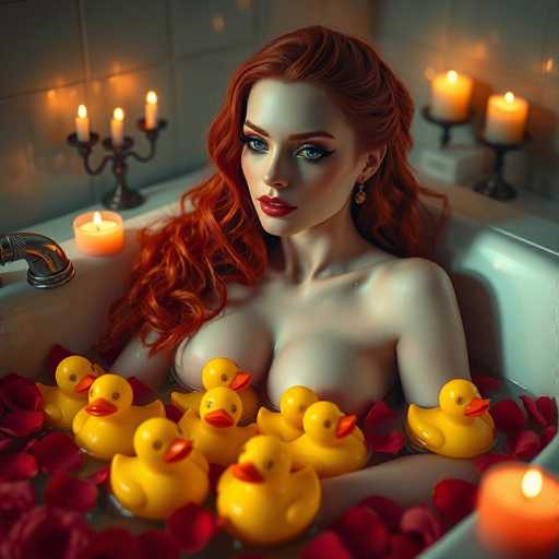 A captivating, hyper-realistic image depicts a stunning android woman with fiery red hair in a dimly lit bathtub. She's surrounded by numerous yellow rubber ducks, rose petals, and flickering candles, creating a sensual, intimate atmosphere. Soft focus enhances the cinematic feel, emphasizing her seductive presence in this dreamlike scene.