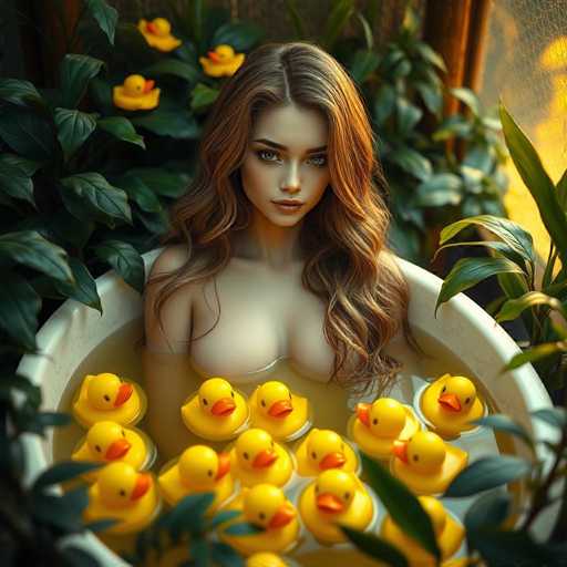 A serene, hyper-realistic image depicts a beautiful android woman with flowing brown hair bathing in a tub overflowing with yellow rubber ducks. Lush green plants surround her, bathed in warm, golden light, creating a peaceful, cinematic scene emphasizing harmony with nature. The focus is sharp, highlighting the detailed textures and creating a dreamlike atmosphere.