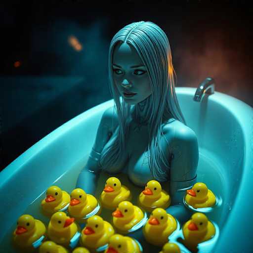 A serene, hyper-realistic android woman with flowing silver hair is bathed in a dimly lit, futuristic bathroom. She's surrounded by a buoyant cluster of yellow rubber ducks, creating an intriguing juxtaposition. The deep shadows and cool blue lighting evoke a sense of mystery and the allure of the unknown, presented with sharp focus.