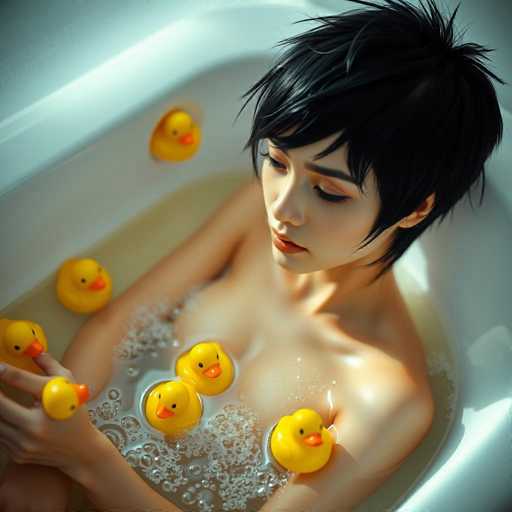 A serene, hyper-realistic image showcases a beautiful android woman with short black hair playfully interacting with yellow rubber ducks in a warm, bubbly bathtub. Soft, natural lighting highlights the scene's cinematic quality, emphasizing a playful and intimate moment with sharp focus.