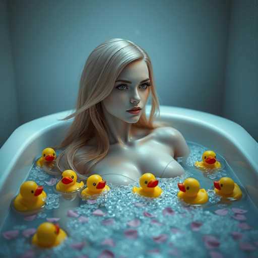 A hyper-realistic, cinematic image depicts an android woman with flowing golden hair in a luxurious bathtub. She's surrounded by numerous yellow rubber ducks and rose petals, creating an intimate, sensual atmosphere. The soft focus emphasizes the ethereal quality of the scene, with a focus on the woman's serene expression.