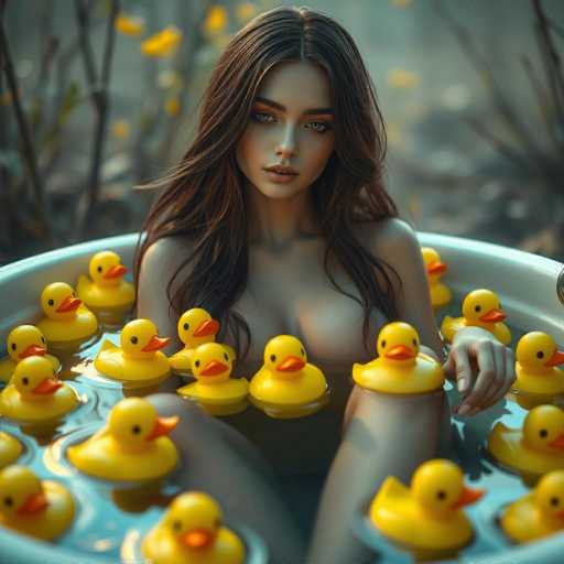 A serene, hyper-realistic image features a beautiful android woman with flowing brown hair nestled in a tub overflowing with yellow rubber ducks. The soft, warm lighting and blurred natural background evoke a sense of peaceful harmony with nature, creating a cinematic, intimate scene.