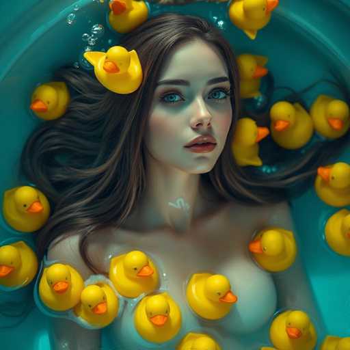 A serene, hyper-realistic image depicts a beautiful android woman with flowing brown hair submerged in a tub of vibrant yellow rubber ducks. Soft blue lighting creates an underwater ambiance, emphasizing the weightlessness and peaceful atmosphere of this cinematic, oceanic dream. The focus is sharp on the woman's alluring face and the surrounding duckscape.
