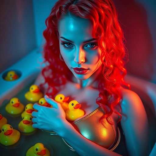 A hyper-realistic, cinematic image features a seductive android woman with vibrant red, curly hair bathing in a tub overflowing with yellow rubber ducks. She wears a metallic gold swimsuit and is bathed in cool, blue lighting, creating a futuristic, high-tech aesthetic with sharp focus. The spatial relationship places the woman centrally, her gaze intense, surrounded by the playful duck collection.