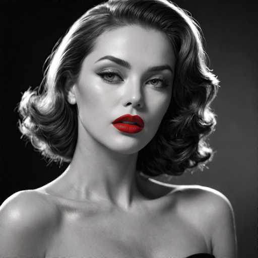 A woman with long brown hair and striking red lipstick is the central figure in this black and white portrait. She has a serious expression on her face as she gazes directly into the camera. The background is a stark contrast to her, featuring a dark gray color that emphasizes her presence.