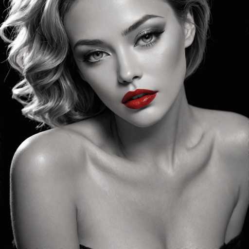 A close-up portrait in black and white features a woman with voluminous, wavy blonde hair and bold red lipstick. She's positioned against a stark black background, her gaze directed towards the viewer with a slightly intense expression. The lighting highlights her face and shoulders, emphasizing a glamorous, high-fashion aesthetic.
