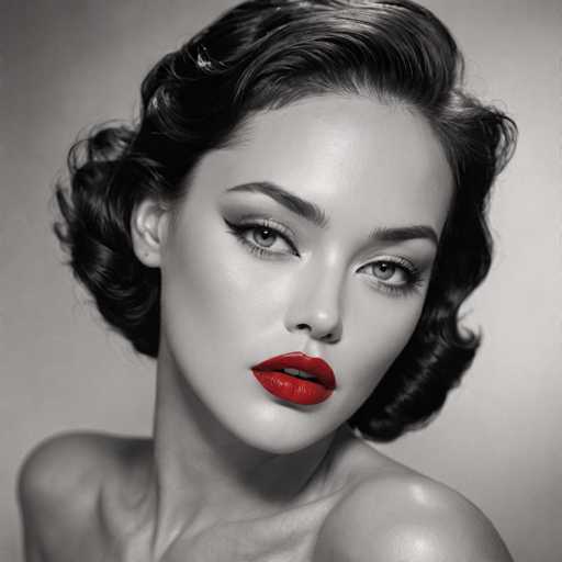 A woman with short black hair and striking red lipstick is the central figure in this monochrome image. She has a serious expression on her face as she gazes directly into the camera. The background of the image is a solid gray color that contrasts sharply with the woman's vibrant appearance, making her stand out even more.