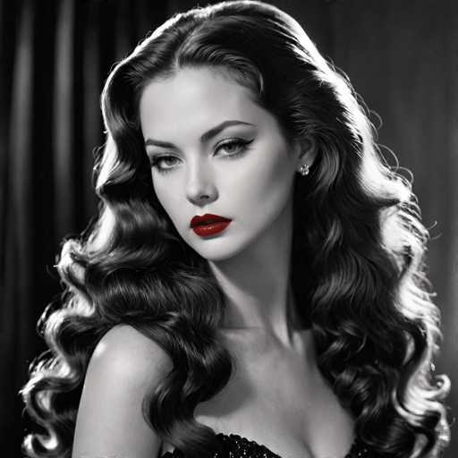 A glamorous, black and white portrait features a woman with voluminous, cascading curls and bold red lipstick. She gazes directly at the viewer, her expression alluring. The soft lighting highlights the dramatic hair and makeup, creating a classic Hollywood aesthetic with a focus on elegant beauty.