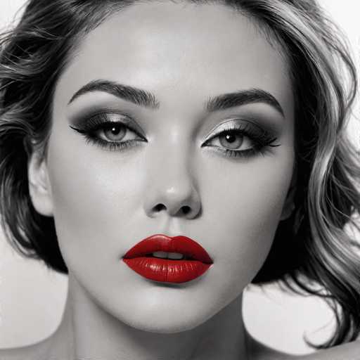 A close-up, monochrome portrait features a woman with striking makeup, emphasizing bold red lips and dramatic eye makeup. Her face is centrally positioned against a light background, showcasing a glamorous, high-contrast aesthetic with soft, textured hair. The focus is entirely on her face, creating a powerful and artistic image.
