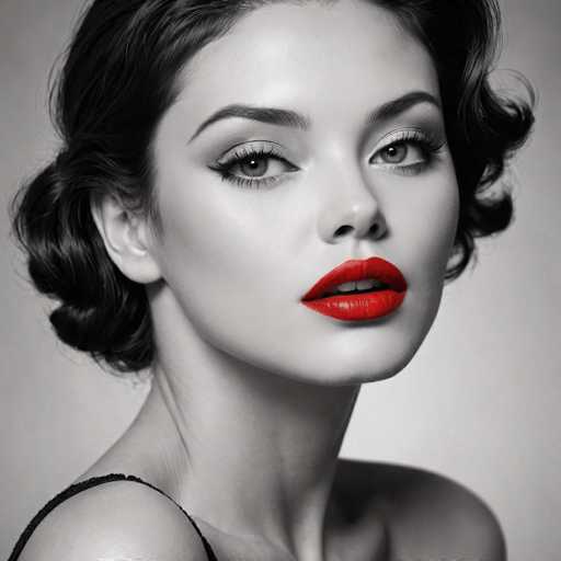 The image is a black and white portrait of a woman with long dark hair styled in an elegant updo. She is wearing a simple yet stylish outfit consisting of a black top and red lipstick on her lips. The background is plain white, which contrasts with the woman's dark hair and highlights her features.