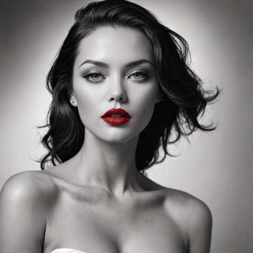 A striking, grayscale portrait features a woman with dark, wavy hair and bold red lips. She's positioned centrally, her bare shoulders drawing focus. The lighting is soft and dramatic, emphasizing her intense gaze. The art style leans towards a classic, glamorous aesthetic with a modern touch, likely aiming for a high-fashion or editorial feel.