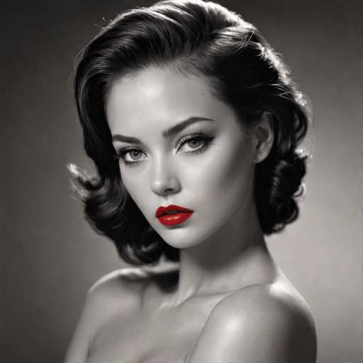 A glamorous, monochrome portrait features a woman with voluminous, dark hair styled in soft waves. Her lips are strikingly bold and red, contrasting against the grayscale tones. The focus is on her intense gaze, creating a classic, vintage-inspired aesthetic reminiscent of Hollywood glamour photography.