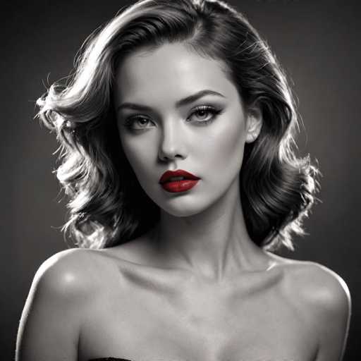 A glamorous, black and white portrait features a woman with voluminous, wavy hair styled in a classic Hollywood fashion. She gazes directly at the viewer with bold red lipstick, her makeup emphasizing defined eyes and lips. The lighting is dramatic, highlighting her features against a dark background, creating a sophisticated, timeless aesthetic.