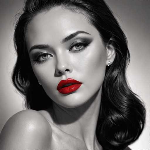 A glamorous, close-up portrait in black and white features a woman with striking makeup. Her bold red lips contrast with her dark, smoky eye makeup and glossy hair. She gazes directly at the viewer, creating a captivating, high-fashion aesthetic with soft lighting and a focus on her face.