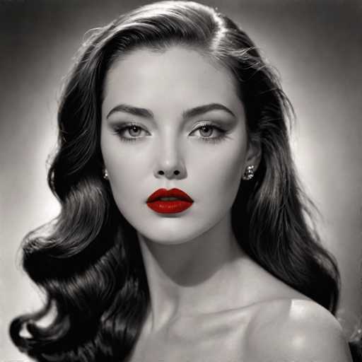 This black and white portrait features a glamorous woman with voluminous, wavy hair and bold red lipstick. She gazes directly at the viewer, her expression serene. The lighting is dramatic, highlighting her features against a softly blurred background, characteristic of classic Hollywood glamour photography.