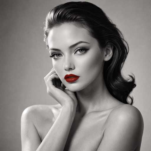 A woman with long dark hair is captured in a close-up portrait against a gray background. She has her hand on her face and is wearing red lipstick that contrasts sharply with the monochrome setting. The image does not contain any discernible text or other objects, making it a simple yet striking visual composition.