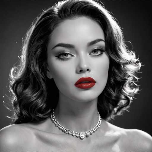 This black and white portrait features a glamorous woman with voluminous, wavy hair and bold red lipstick. She wears a sparkling diamond necklace, her gaze direct and captivating. The close-up focuses on her face, emphasizing a vintage, sophisticated aesthetic with soft lighting and a dramatic, classic style.