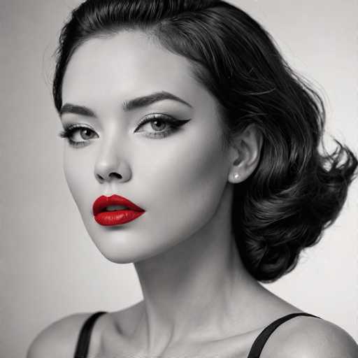 A glamorous, black and white portrait features a woman with striking red lipstick as the focal point. Her dark hair is styled in an elegant, voluminous updo, and her makeup emphasizes defined eyes. The close-up composition draws attention to her intense gaze, creating a classic, vintage aesthetic with a focus on dramatic beauty.