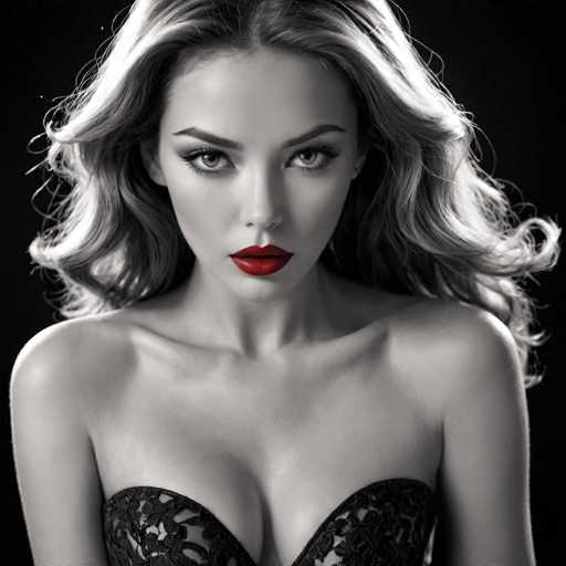 A glamorous, close-up black and white portrait features a woman with voluminous, wavy hair and bold red lipstick. She's wearing a black lace strapless top, her gaze direct and intense. The focus is on her face, creating a dramatic, high-contrast image with a fashion-focused aesthetic.
