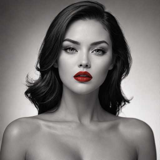 A woman with long dark hair and striking red lipstick is the central figure in this black and white portrait. Her gaze is directed straight at the camera, creating a sense of connection between her and the viewer. The background is a stark white, which contrasts sharply with the woman's dark hair and lips, making them stand out even more.