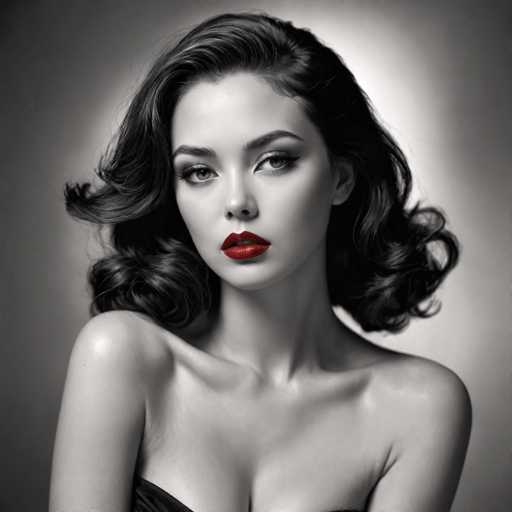 The image is a black and white portrait of a woman with long dark hair styled in loose curls. She has striking red lipstick on her lips and is wearing a strapless dress that accentuates her shoulders. The background is a simple gray color, which contrasts nicely with the woman's dark hair and vibrant red lipstick.