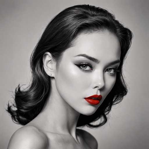 A woman with long dark hair is the central figure in this black and white portrait. She has striking red lips that contrast sharply against her skin tone. The background is a plain gray color, which further accentuates the subject's features. There are no other discernible objects or texts present in the image.