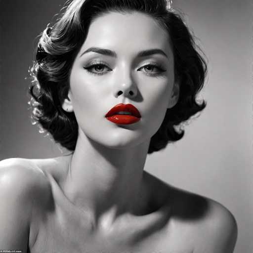The image is a black and white portrait of a woman with short hair styled in an elegant updo. She has striking red lipstick that contrasts sharply against the monochrome background. The woman's gaze is directed straight at the camera, creating a sense of connection between her and the viewer.