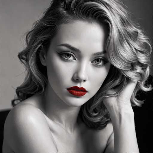 A glamorous, black and white portrait features a woman with voluminous, wavy hair and bold red lipstick. She gazes directly at the viewer, her hand gently resting on her head. The lighting is soft and dramatic, emphasizing her features against a dark background, creating a classic, high-fashion aesthetic.