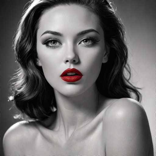 A close-up, black and white portrait features a woman with voluminous, wavy hair and bold red lipstick. Her gaze is direct, creating an intimate connection with the viewer. The lighting emphasizes her features against a softly blurred background, showcasing a glamorous, classic aesthetic with a focus on dramatic beauty.