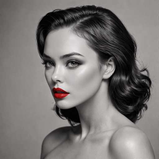 A woman with long dark hair is the central figure in this black and white portrait. She has striking red lips that contrast sharply against her skin tone. The background is a plain gray color, which further accentuates the subject's features. There are no other discernible objects or texts present in the image.