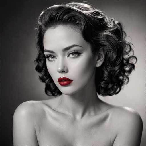 A glamorous, black and white portrait features a woman with a vintage aesthetic. She gazes directly at the viewer, her dark hair styled in soft curls and accentuated with bold red lipstick. The focus is on her face, with a shallow depth of field emphasizing her expressive eyes and elegant features. The overall style evokes classic Hollywood glamour.