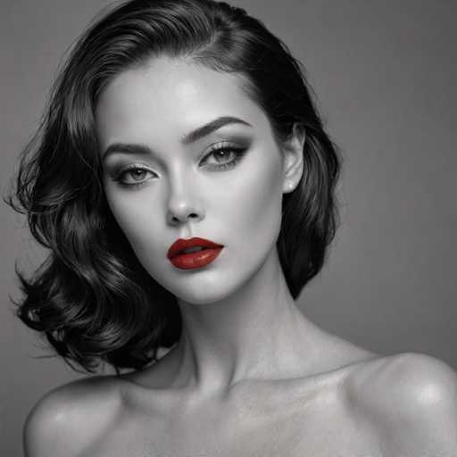 A glamorous, close-up black and white portrait features a woman with voluminous, wavy hair styled in a classic Hollywood bob. Her makeup is bold, emphasizing defined eyes and a vibrant red lip. The focus is on her face, with soft lighting highlighting her features against a plain backdrop, creating a sophisticated and timeless aesthetic.