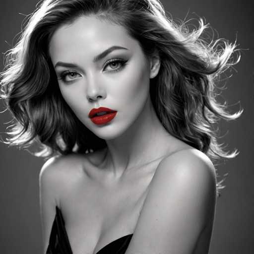 A glamorous, close-up portrait in black and white features a woman with voluminous, wavy hair and bold red lipstick. She gazes directly at the viewer, her makeup emphasizing defined eyes. The lighting is dramatic, highlighting her features against a dark background, creating a sophisticated and stylish aesthetic.