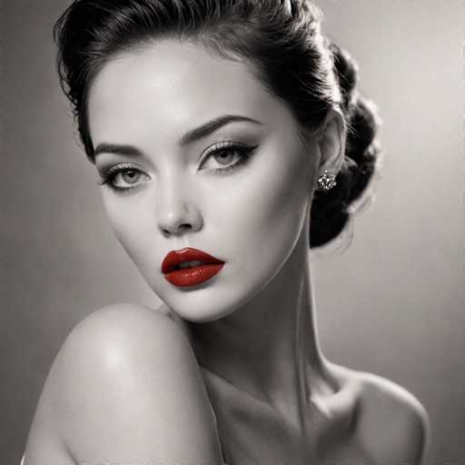 A woman with striking red lipstick and a black and white portrait style is the central focus of this image. The background is a simple gray color that contrasts with her vibrant appearance.