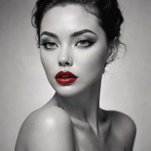 A striking black and white portrait features a woman with bold, glossy red lips as the focal point. Her makeup is dramatic, emphasizing her eyes and cheekbones. She's positioned in a close-up, three-quarter view, her gaze directed slightly off-center. The art style is a glamorous, high-fashion portrait with a focus on elegant beauty.