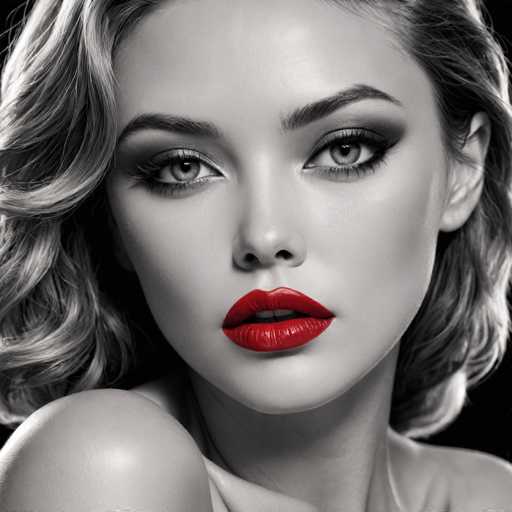 A close-up, grayscale portrait features a woman with voluminous, wavy hair and bold red lips. Her eyes are accentuated with dramatic makeup, creating a glamorous, high-contrast aesthetic. The focus is tightly on her face, with the background remaining dark and undefined, emphasizing her striking features. The overall style is a modern, artistic portrait with a strong emphasis on lighting and makeup.