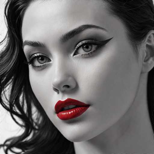 A woman with long dark hair is the central figure in this black and white portrait. She has striking red lips that contrast sharply against her skin tone. The background of the image is a stark white, which further accentuates the woman's features. There are no texts or other objects present in the image.