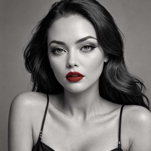 A close-up, grayscale portrait features a woman with long, flowing hair and bold red lipstick. She's positioned centrally, her gaze direct, against a plain backdrop. The lighting is soft and dramatic, emphasizing her features with sharp highlights and shadows, creating a glamorous, high-fashion aesthetic.