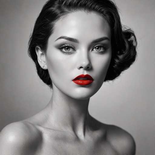 The image is a black and white portrait of a woman with striking red lipstick on her lips. She has short hair styled into an elegant updo that frames her face beautifully against the stark background. The simplicity of the monochrome palette enhances the contrast between light and dark areas, making the subject stand out even more.