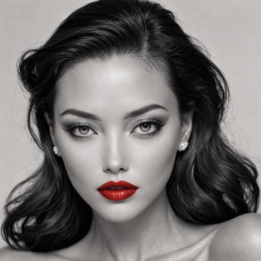 A close-up, black and white portrait features a stunning woman with voluminous, wavy hair and bold red lipstick. Her eyes are captivating, drawing the viewer's gaze directly. The lighting is soft and dramatic, highlighting her features against a plain background, creating a glamorous, high-fashion aesthetic.