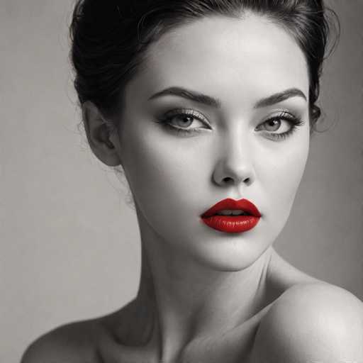 A close-up portrait in grayscale features a woman with striking red lips, the only color in an otherwise monochrome image. Her eyes are intensely focused, and her hair is styled elegantly. The lighting emphasizes her face, creating a dramatic, high-contrast effect reminiscent of classic portraiture with a modern, stylized touch.